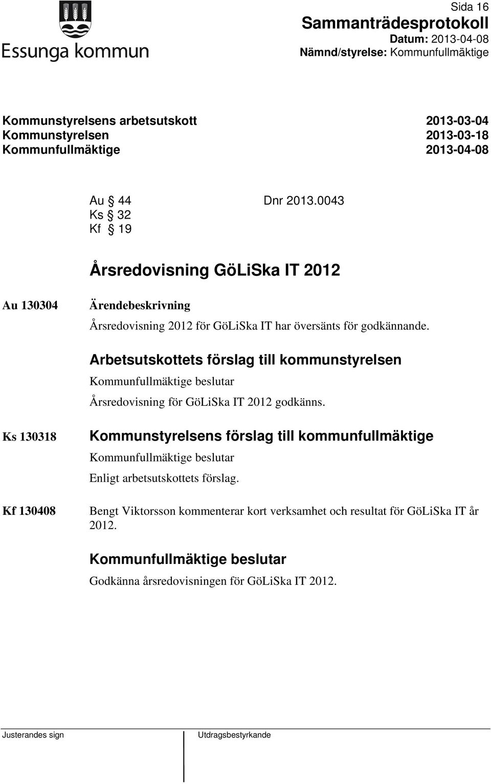 Arbetsutskottets förslag till kommunstyrelsen Årsredovisning för GöLiSka IT 2012 godkänns.