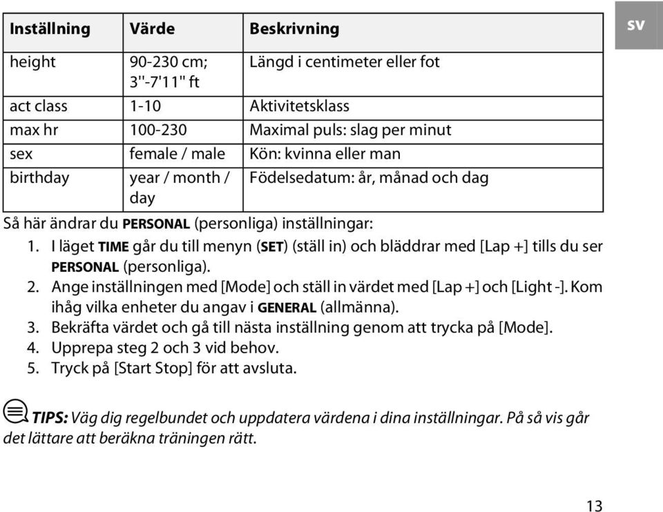 I läget TIME går du till menyn (SET) (ställ in) och bläddrar med [Lap +] tills du ser PERSONAL (personliga). 2. Ange inställningen med [Mode] och ställ in värdet med [Lap +] och [Light -].