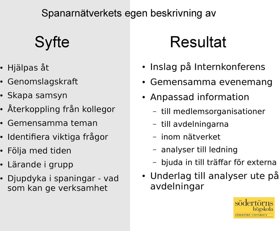 till avdelningarna Identifiera viktiga frågor inom nätverket Följa med tiden analyser till ledning Lärande i grupp