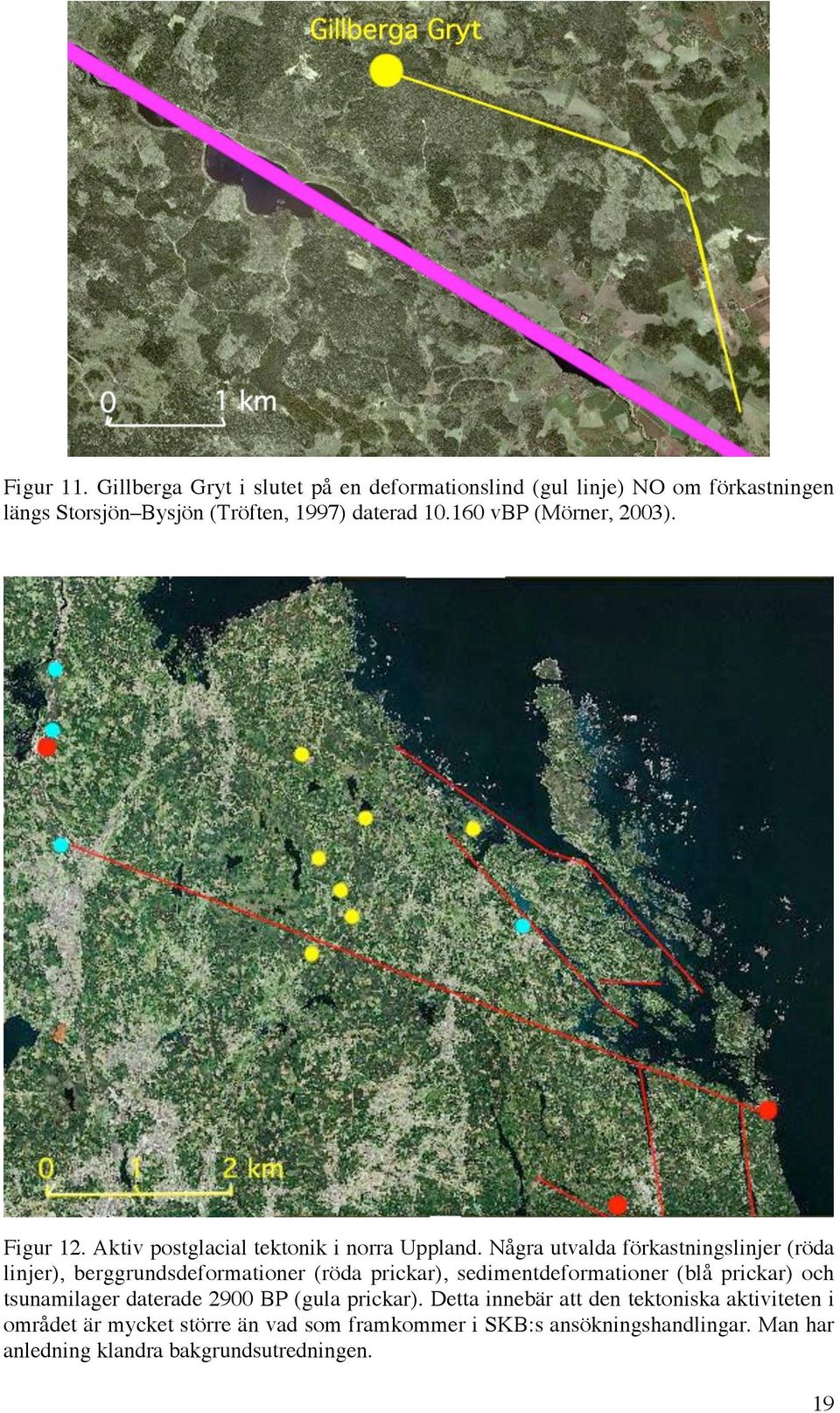 Några utvalda förkastningslinjer (röda linjer), berggrundsdeformationer (röda prickar), sedimentdeformationer (blå prickar) och tsunamilager