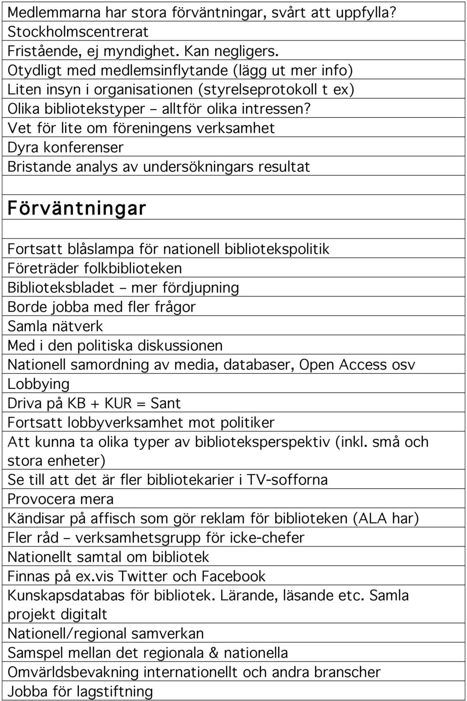 Vet för lite om föreningens verksamhet Dyra konferenser Bristande analys av undersökningars resultat Förväntningar Fortsatt blåslampa för nationell bibliotekspolitik Företräder folkbiblioteken mer