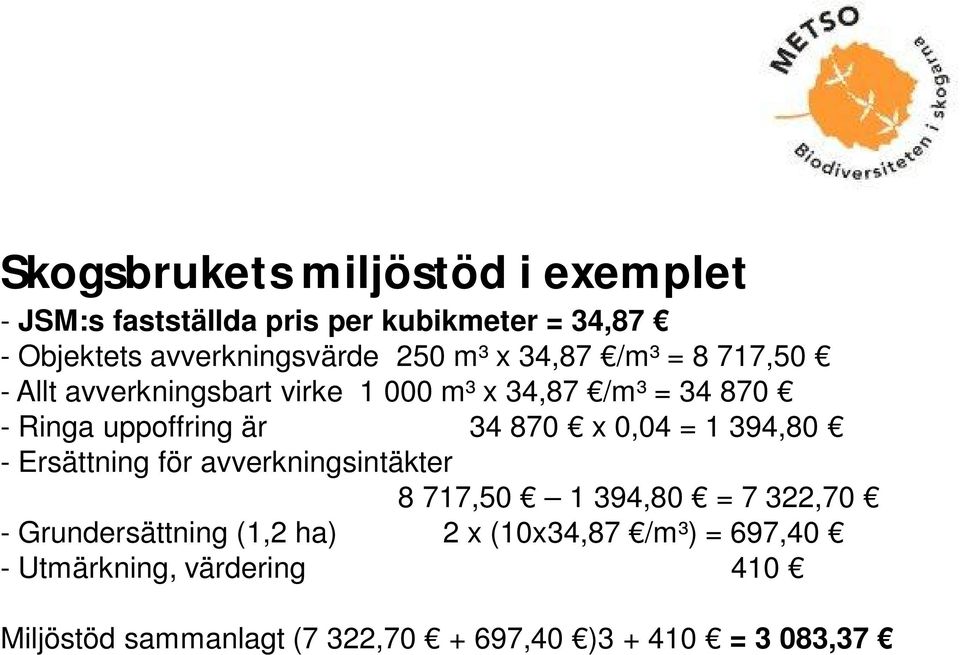 870 x 0,04 = 1 394,80 - Ersättning för avverkningsintäkter 8 717,50 1 394,80 = 7 322,70 - Grundersättning (1,2