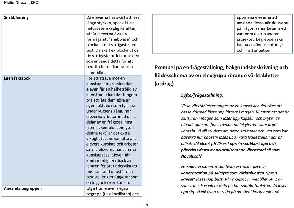 För att sträva mot en kunskapsprogression där eleven får en helhetsbild av kemiämnet kan det fungera bra att låta dem göra en egen faktabok som fylls på under kursens gång.