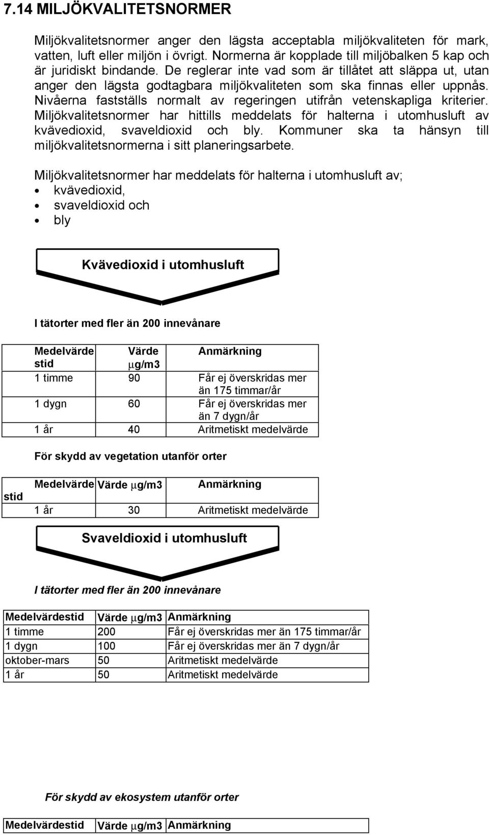 Nivåerna fastställs normalt av regeringen utifrån vetenskapliga kriterier. Miljökvalitetsnormer har hittills meddelats för halterna i utomhusluft av kvävedioxid, svaveldioxid och bly.