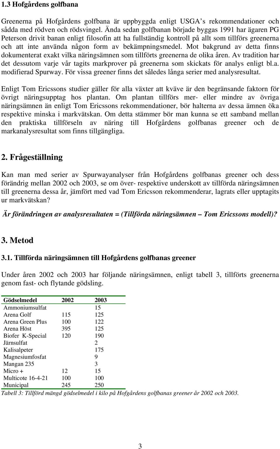 bekämpningsmedel. Mot bakgrund av detta finns dokumenterat exakt vilka näringsämnen som tillförts greenerna de olika åren.