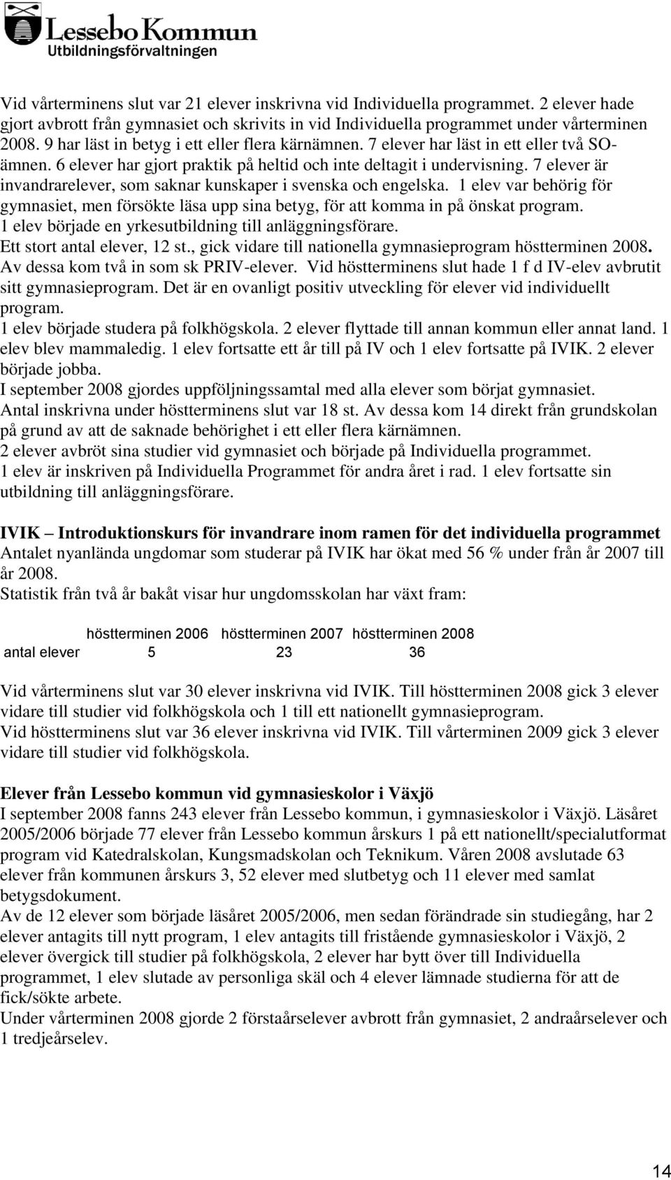 7 elever är invandrarelever, som saknar kunskaper i svenska och engelska. 1 elev var behörig för gymnasiet, men försökte läsa upp sina betyg, för att komma in på önskat program.