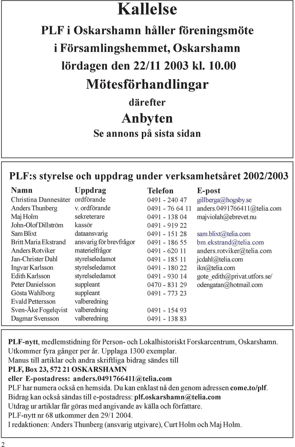 Dillström Sam Blixt Britt Maria Ekstrand Anders Rotviker Jan-Christer Dahl Ingvar Karlsson Edith Karlsson Peter Danielsson Gösta Wahlborg Evald Pettersson Sven-Åke Fogelqvist Dagmar Svensson Uppdrag