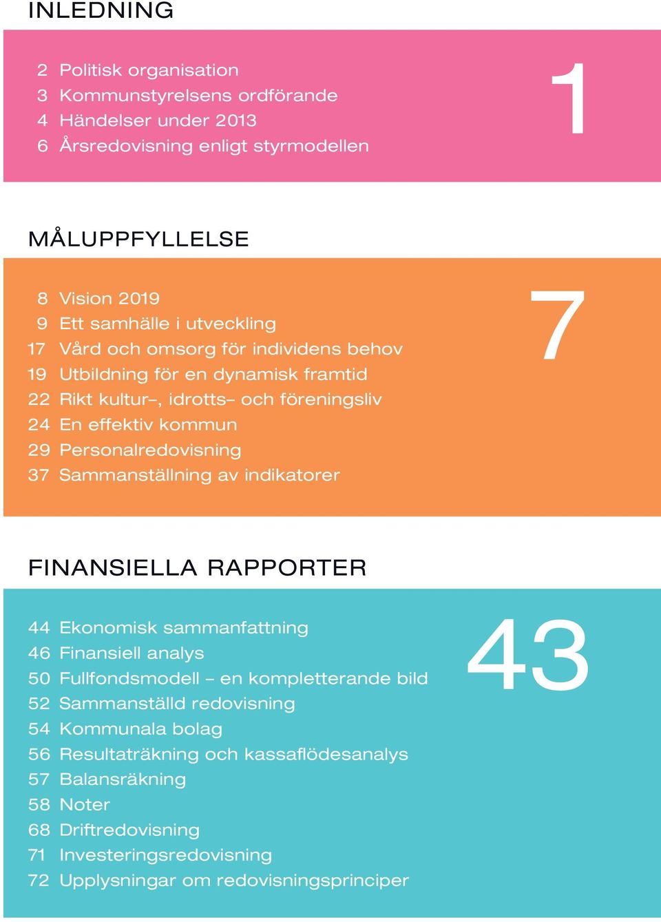 37 Sammanställning av indikatorer 7 FINANSIELLA RAPPORTER 44 Ekonomisk sammanfattning 46 Finansiell analys 50 Fullfondsmodell en kompletterande bild 52 Sammanställd