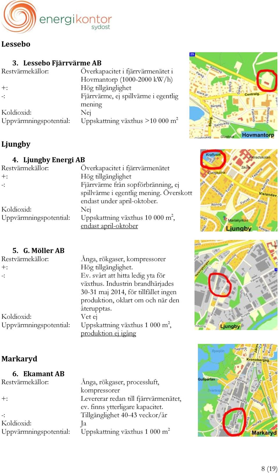 Uppskattning växthus >10 000 m 2 Ljungby 4. Ljungby Energi AB Restvärmekällor: Överkapacitet i fjärrvärmenätet +: Hög tillgänglighet -: Fjärrvärme från sopförbränning, ej spillvärme i egentlig mening.