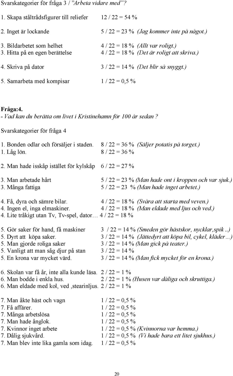 Samarbeta med kompisar 1 / 22 = 0,5 % Fråga:4. - Vad kan du berätta om livet i Kristinehamn för 100 år sedan? Svarskategorier för fråga 4 1. Bonden odlar och försäljer i staden.