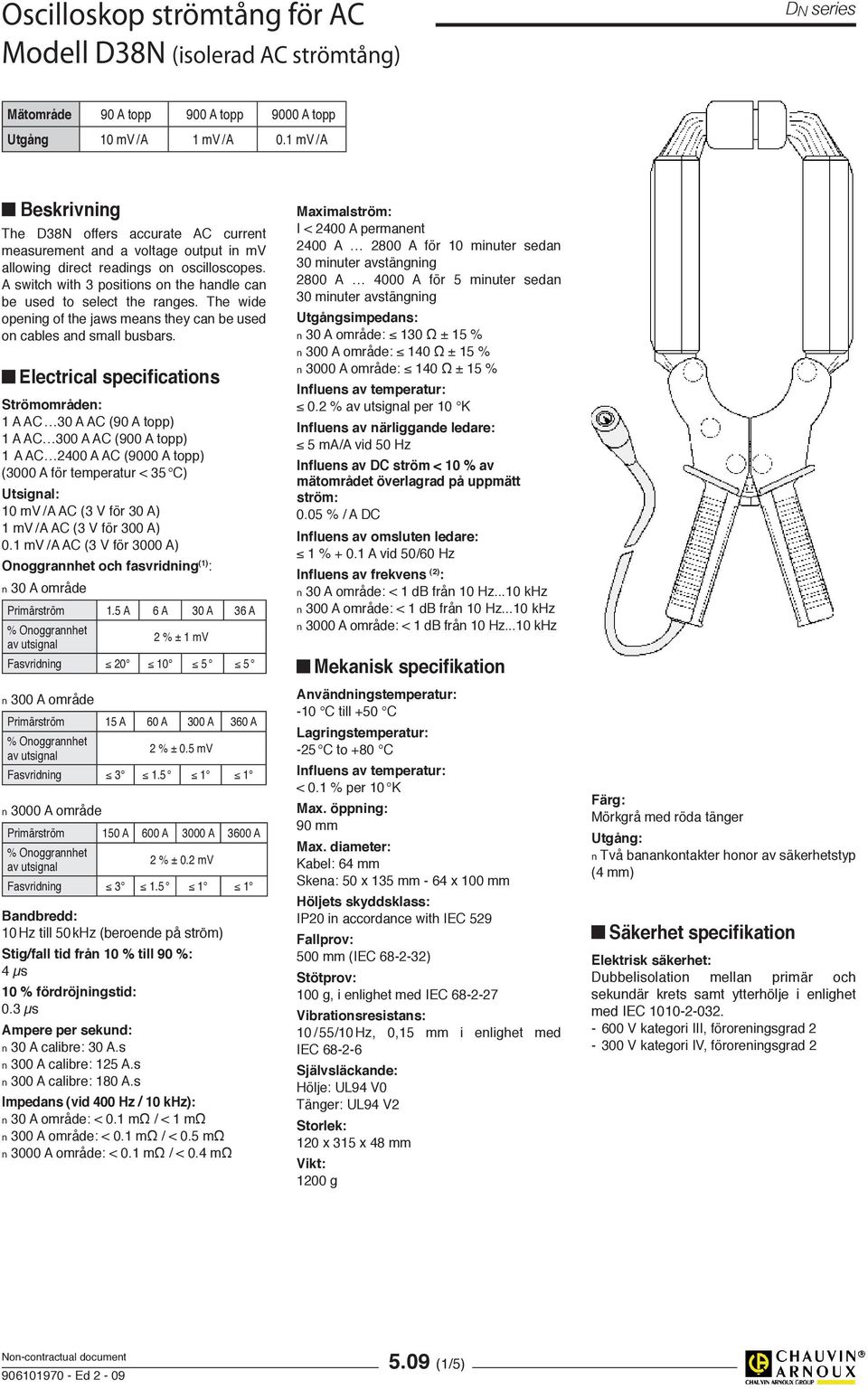 A switch with 3 positions on the handle can be used to select the ranges. The wide opening of the jaws means they can be used on cables and small busbars.