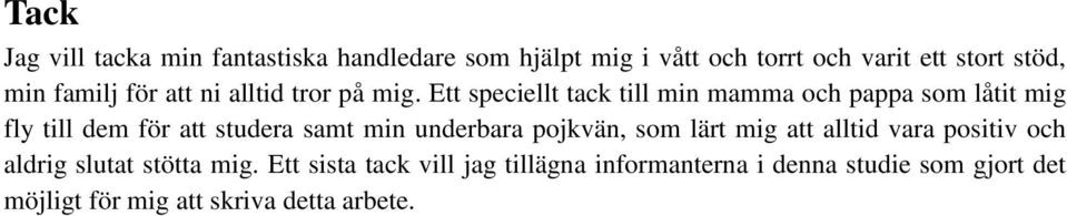 Ett speciellt tack till min mamma och pappa som låtit mig fly till dem för att studera samt min underbara