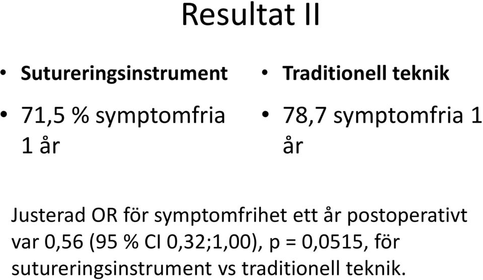 symptomfrihet ett år postoperativt var 0,56 (95 % CI