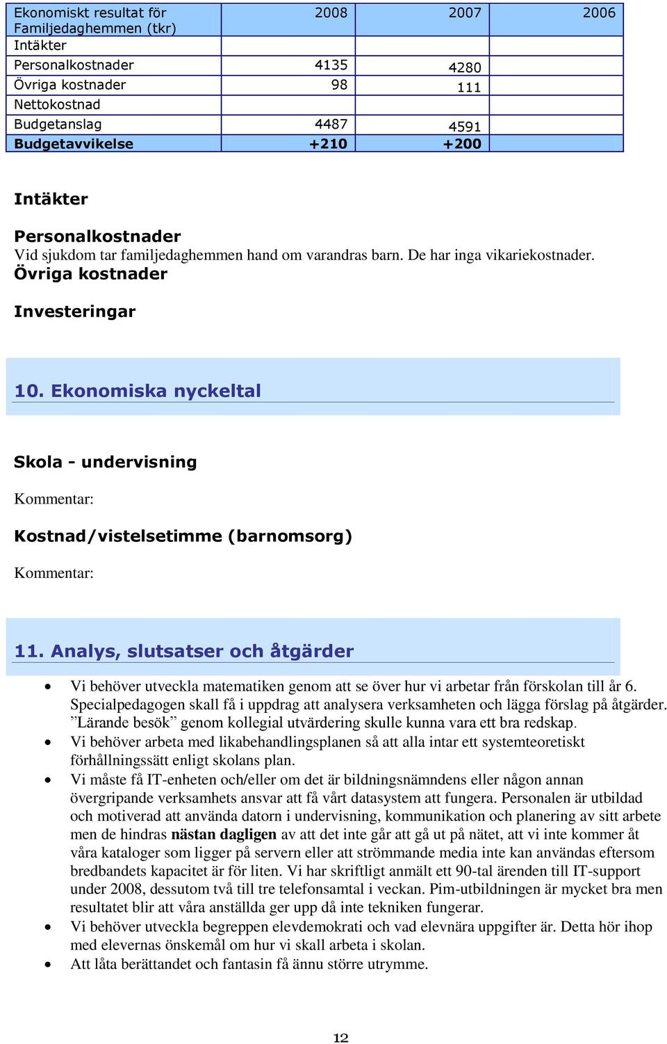 Ekonomiska nyckeltal Skola - undervisning Kommentar: Kostnad/vistelsetimme (barnomsorg) Kommentar: 11.