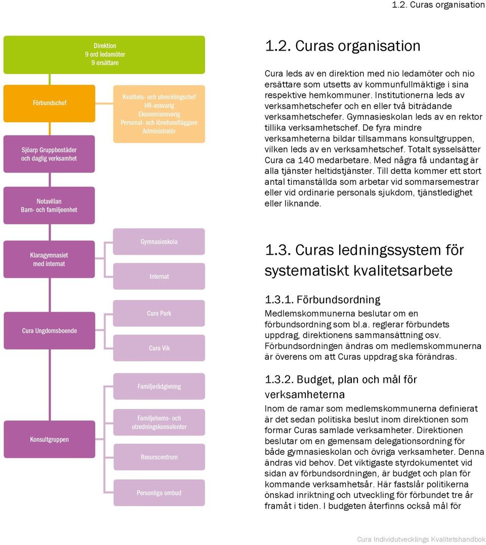 De fyra mindre verksamheterna bildar tillsammans konsultgruppen, vilken leds av en verksamhetschef. Totalt sysselsätter Cura ca 140 medarbetare. Med några få undantag är alla tjänster heltidstjänster.