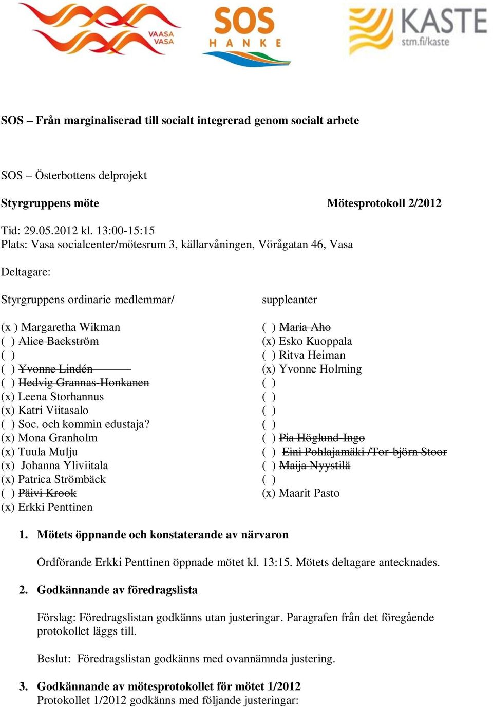 (x) Esko Kuoppala ( ) ( ) Ritva Heiman ( ) Yvonne Lindén (x) Yvonne Holming ( ) Hedvig Grannas-Honkanen ( ) (x) Leena Storhannus ( ) (x) Katri Viitasalo ( ) ( ) Soc. och kommin edustaja?