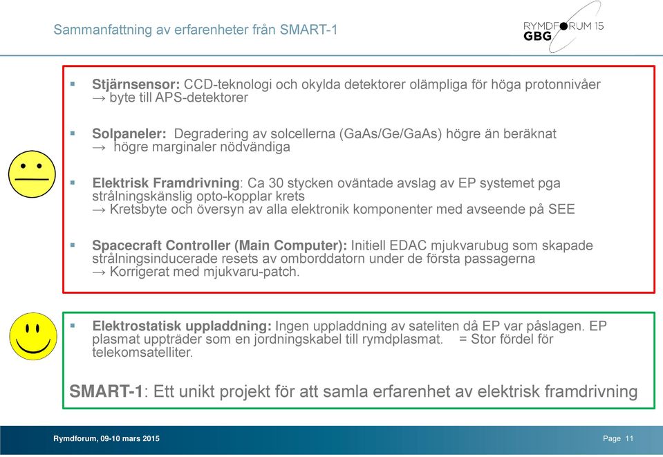 alla elektronik komponenter med avseende på SEE Spacecraft Controller (Main Computer): Initiell EDAC mjukvarubug som skapade strålningsinducerade resets av omborddatorn under de första passagerna