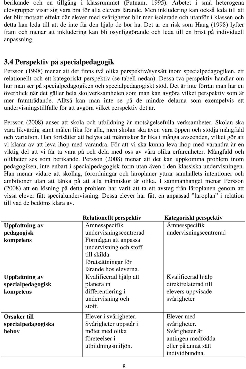 Det är en risk som Haug (1998) lyfter fram och menar att inkludering kan bli osynliggörande och leda till en brist på individuell anpassning. 3.