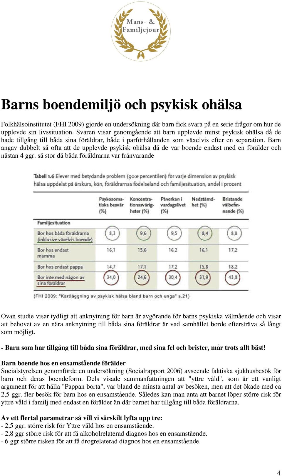 Barn angav dubbelt så ofta att de upplevde psykisk ohälsa då de var boende endast med en förälder och nästan 4 ggr.