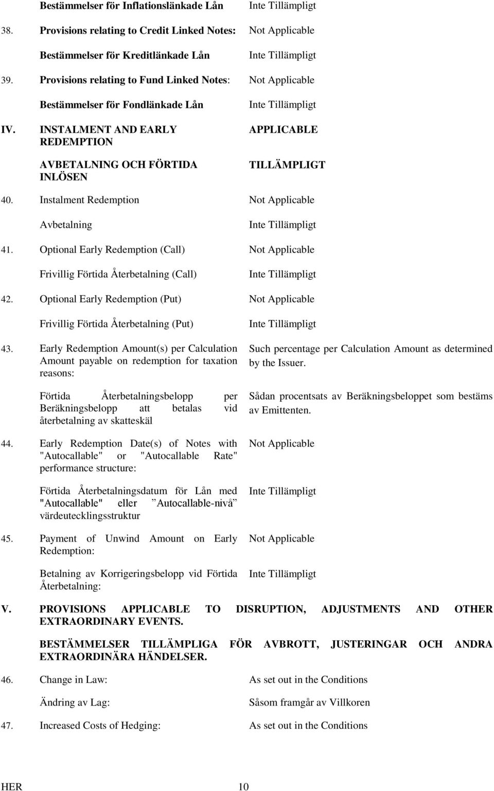 Optional Early Redemption (Call) Frivillig Förtida Återbetalning (Call) 42. Optional Early Redemption (Put) Frivillig Förtida Återbetalning (Put) 43.