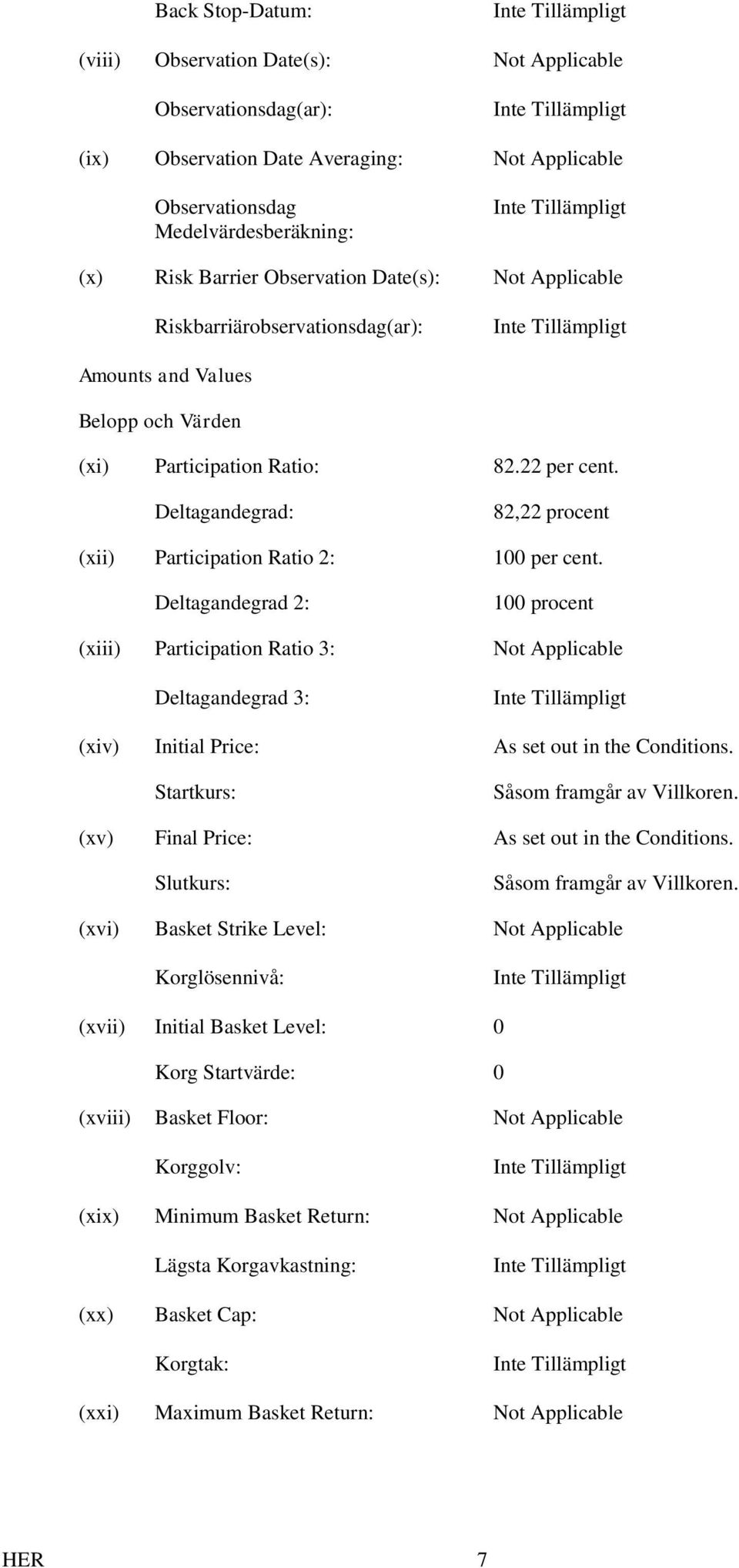 Deltagandegrad 2: 100 procent (xiii) Participation Ratio 3: Deltagandegrad 3: (xiv) Initial Price: As set out in the Conditions. Startkurs:. (xv) Final Price: As set out in the Conditions. Slutkurs:.