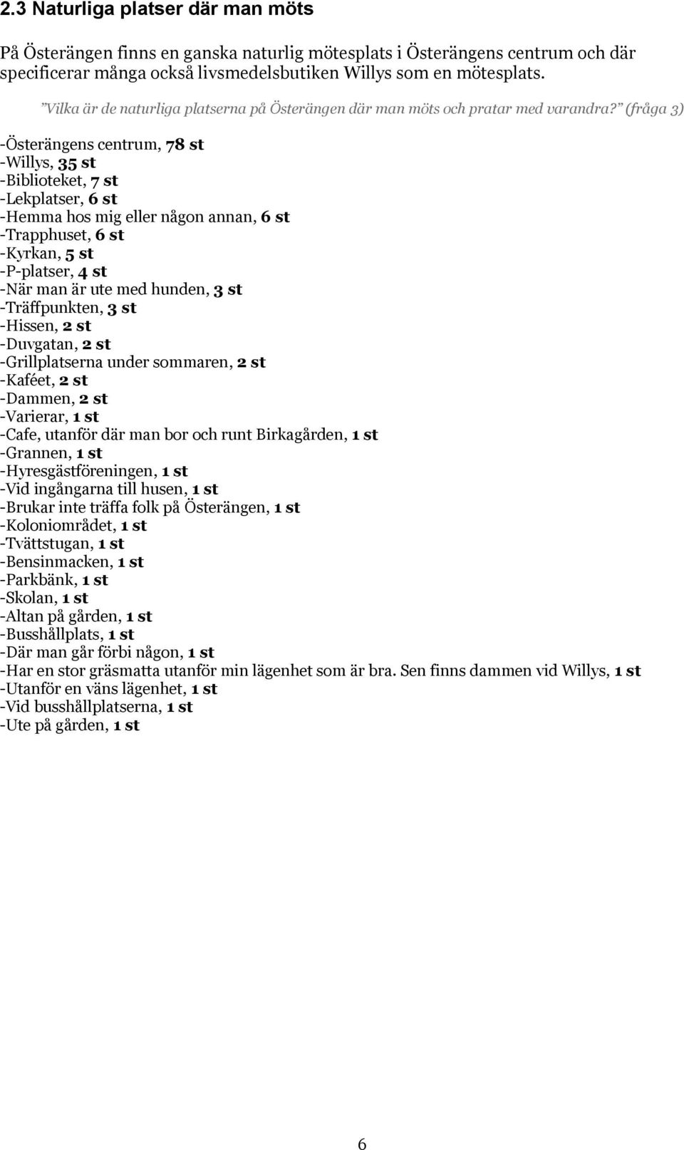 (fråga 3) -Österängens centrum, 78 st -Willys, 35 st -Biblioteket, 7 st -Lekplatser, 6 st -Hemma hos mig eller någon annan, 6 st -Trapphuset, 6 st -Kyrkan, 5 st -P-platser, 4 st -När man är ute med