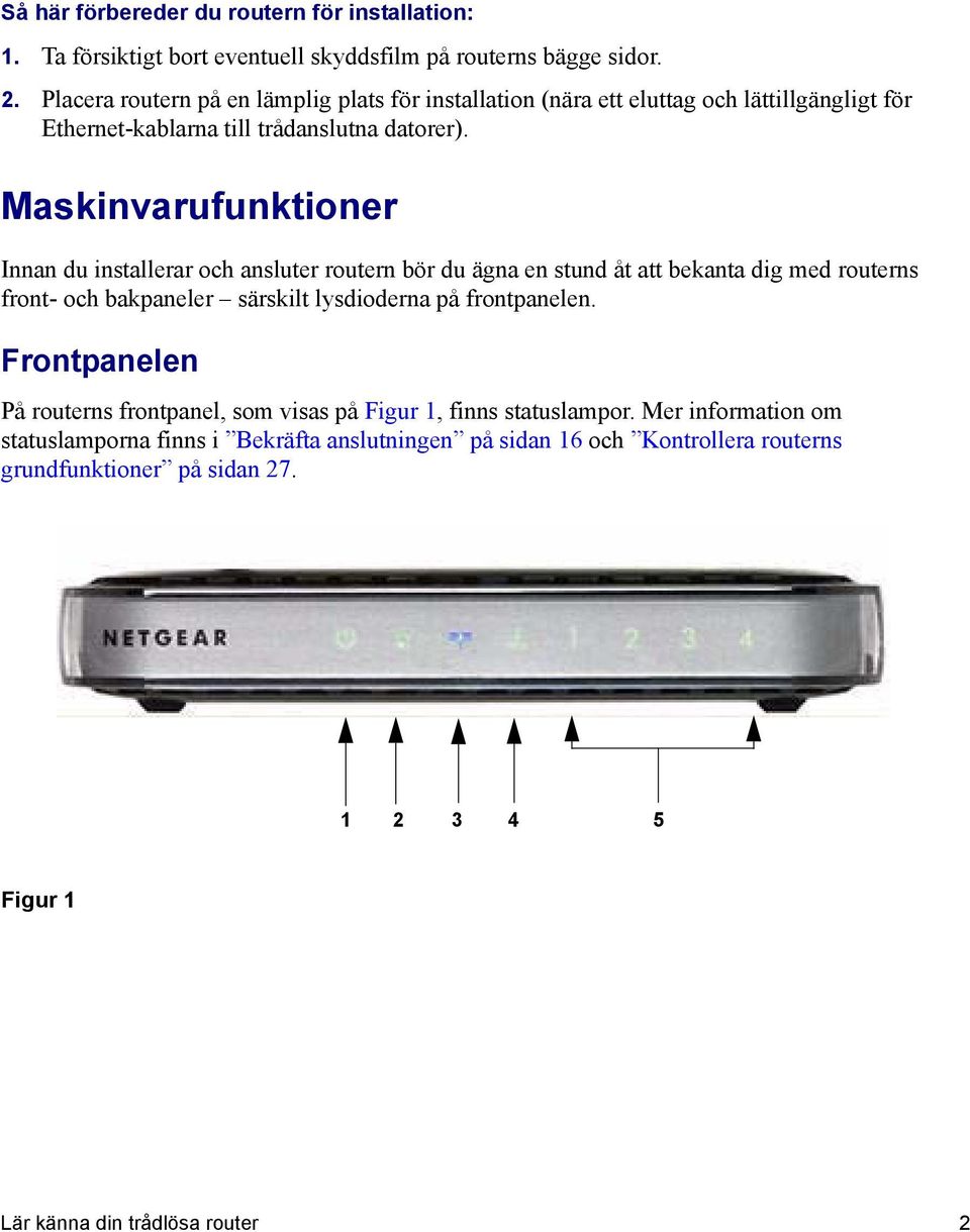 Maskinvarufunktioner Innan du installerar och ansluter routern bör du ägna en stund åt att bekanta dig med routerns front- och bakpaneler särskilt lysdioderna på