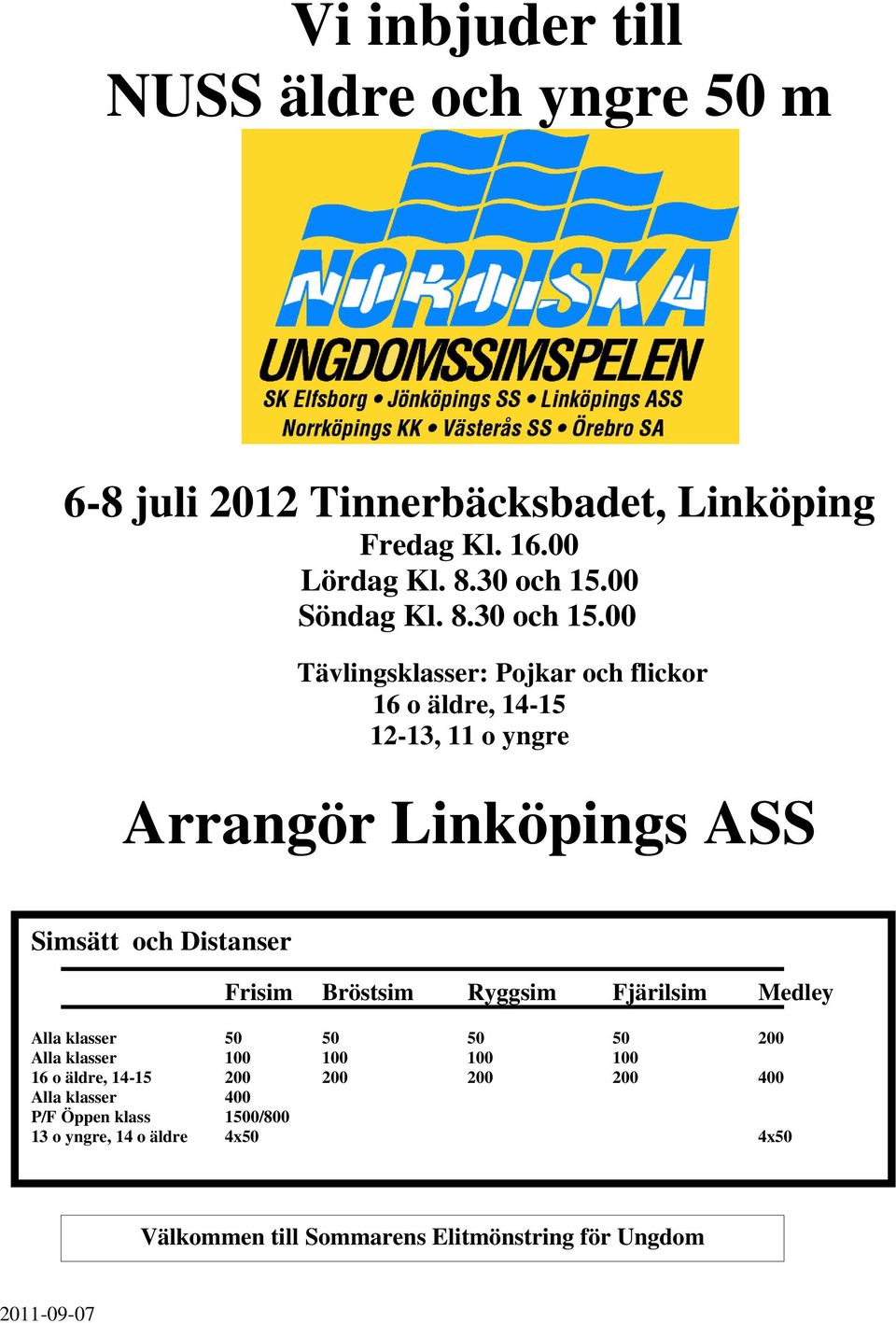 00 Tävlingsklasser: Pojkar och flickor 16 o äldre, 14-15 12-13, 11 o yngre Arrangör Linköpings ASS Simsätt och Distanser Frisim