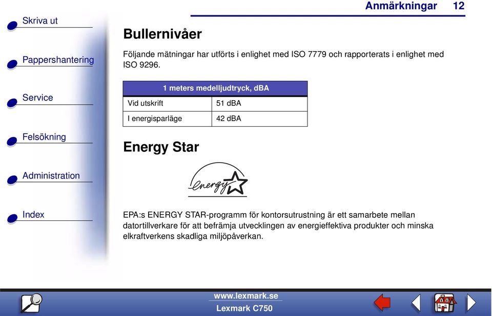 Vid utskrift 1 meters medelljudtryck, dba 51 dba I energisparläge 42 dba Energy Star EPA:s ENERGY