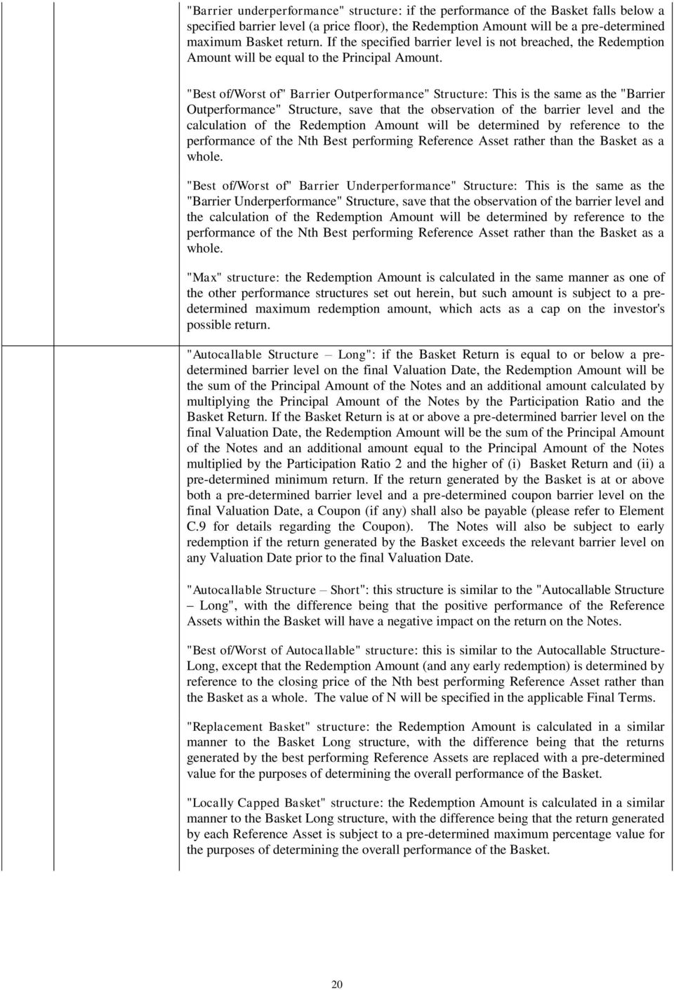 "Best of/worst of" Barrier Outperformance" Structure: This is the same as the "Barrier Outperformance" Structure, save that the observation of the barrier level and the calculation of the Redemption