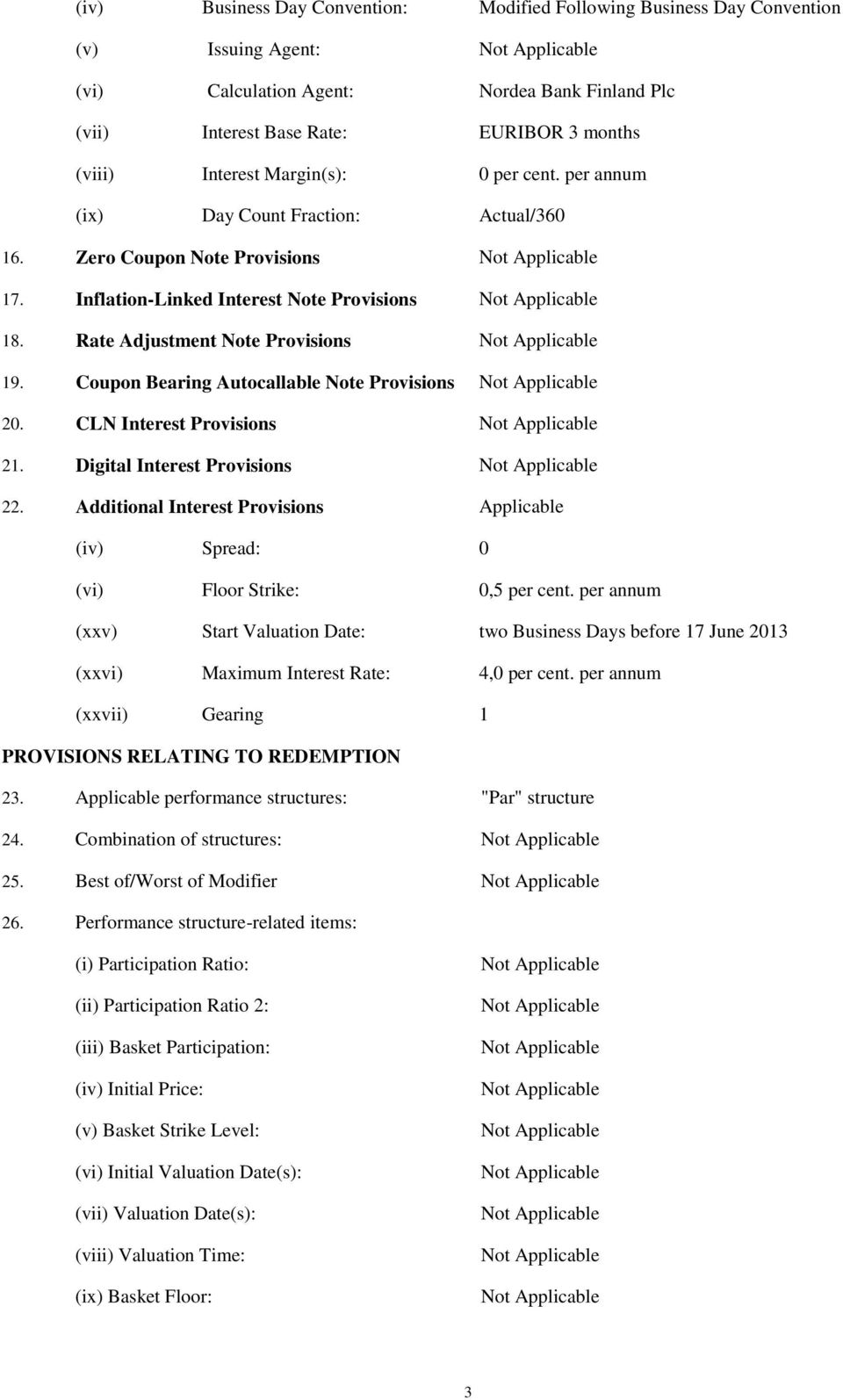 Coupon Bearing Autocallable Note Provisions 20. CLN Interest Provisions 21. Digital Interest Provisions 22. Additional Interest Provisions Applicable (iv) Spread: 0 (vi) Floor Strike: 0,5 per cent.