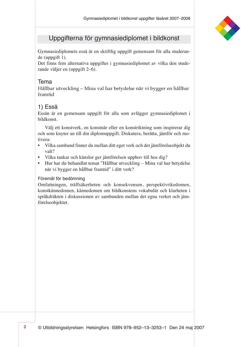 Tema Hållbar utveckling Mina val har betydelse när vi bygger en hållbar framtid 1) Essä Essän är en gemensam uppgift för alla som avlägger gymnasiediplomet i bildkonst.