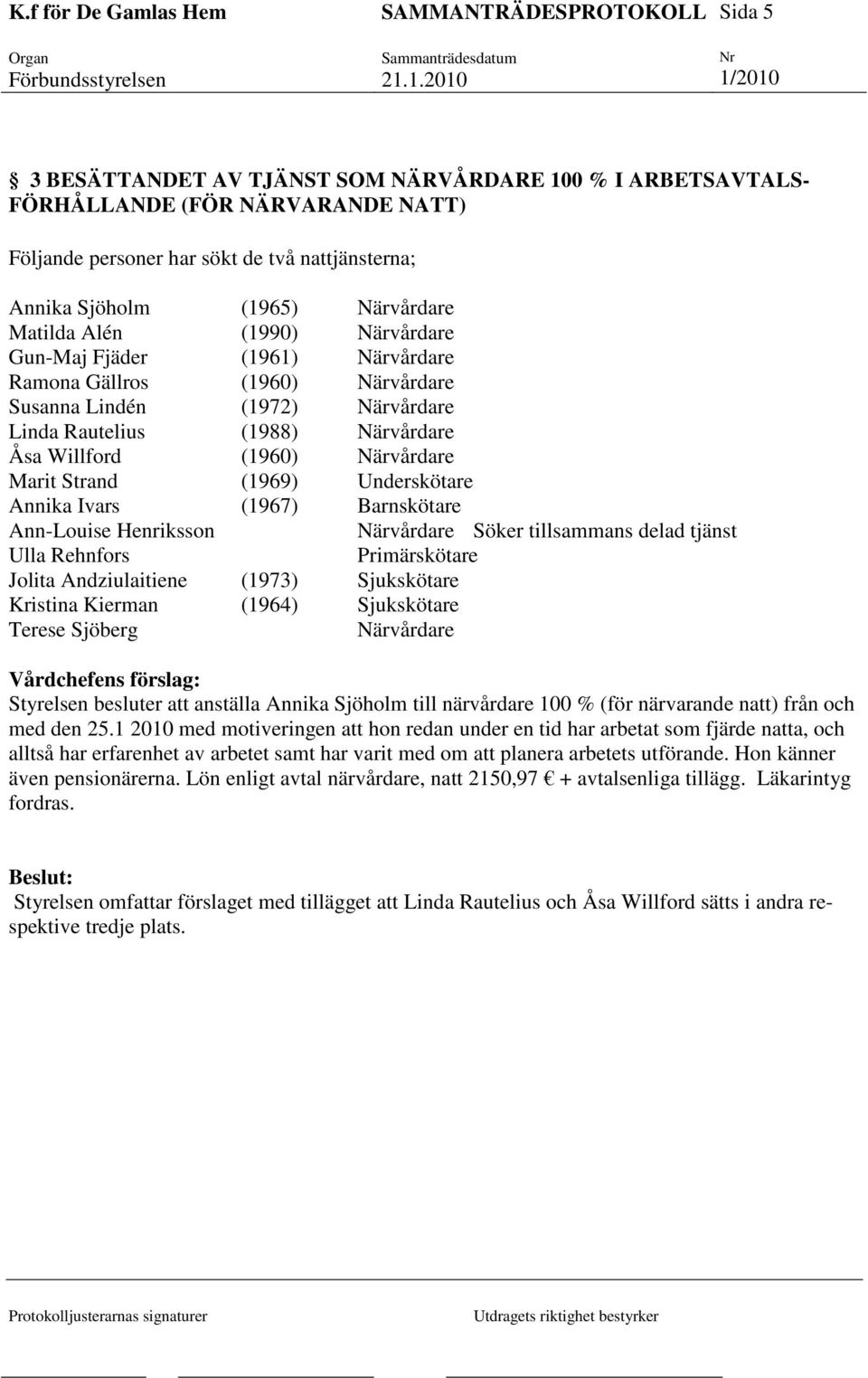 (1969) Underskötare Annika Ivars (1967) Barnskötare Ann-Louise Henriksson Närvårdare Söker tillsammans delad tjänst Ulla Rehnfors Primärskötare Jolita Andziulaitiene (1973) Sjukskötare Kristina