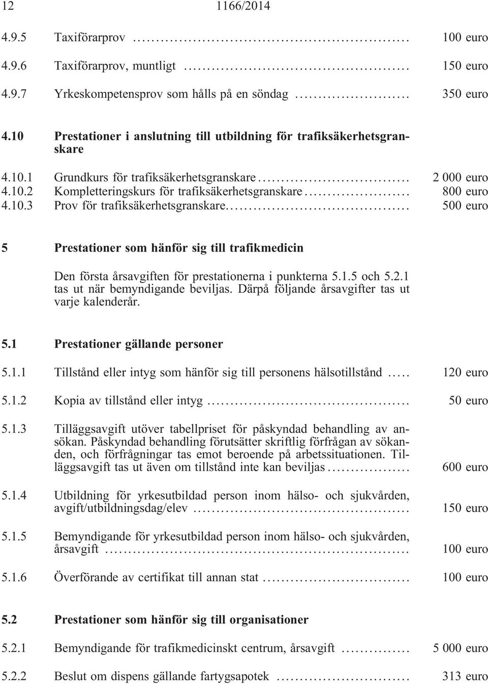 .. 800 euro 4.10.3 Prov för trafiksäkerhetsgranskare... 500 euro 5 Prestationer som hänför sig till trafikmedicin Den första årsavgiften för prestationerna i punkterna 5.1.5 och 5.2.