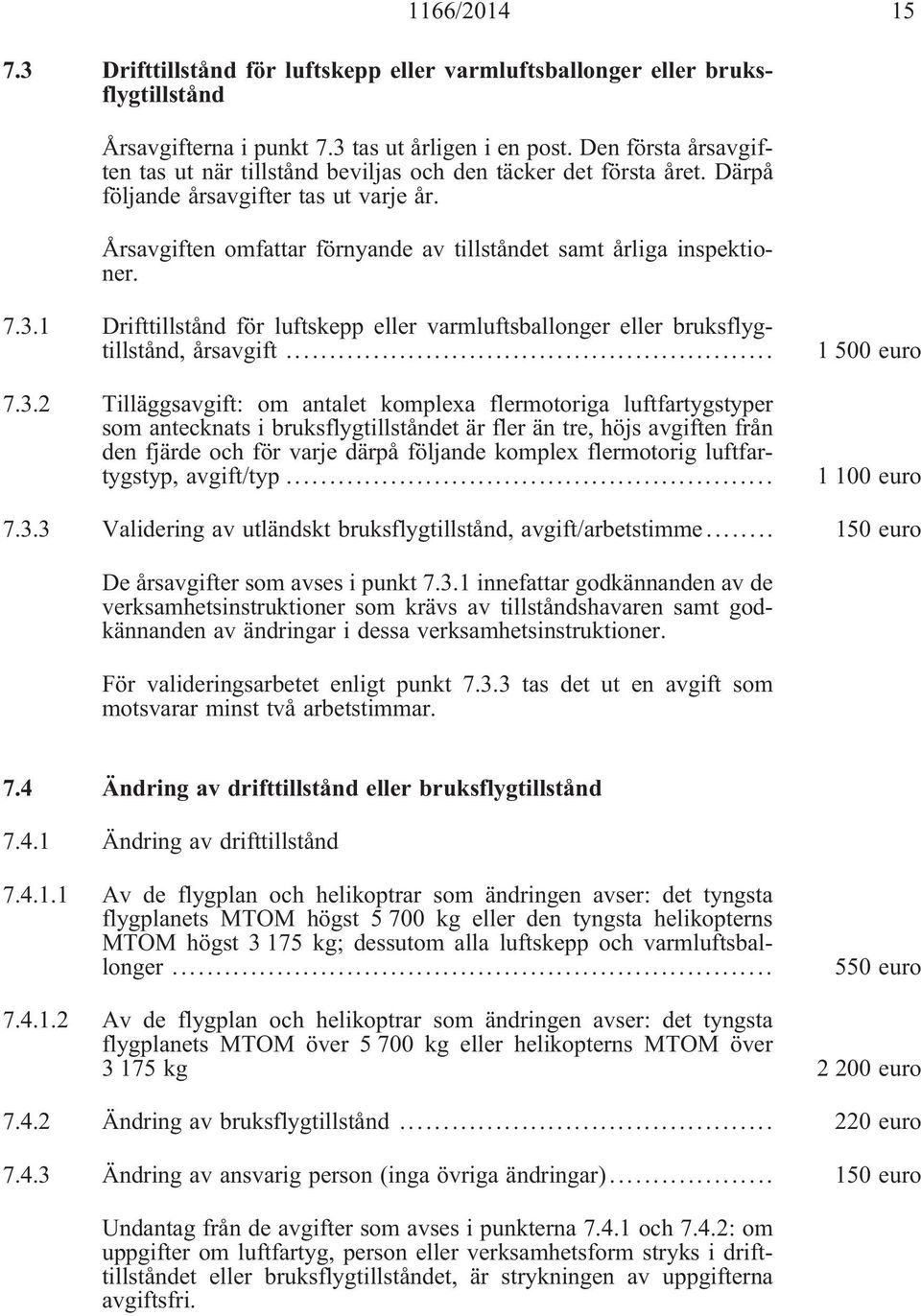 7.3.1 Drifttillstånd för luftskepp eller varmluftsballonger eller bruksflygtillstånd, årsavgift... 7.3.2 Tilläggsavgift: om antalet komplexa flermotoriga luftfartygstyper som antecknats i
