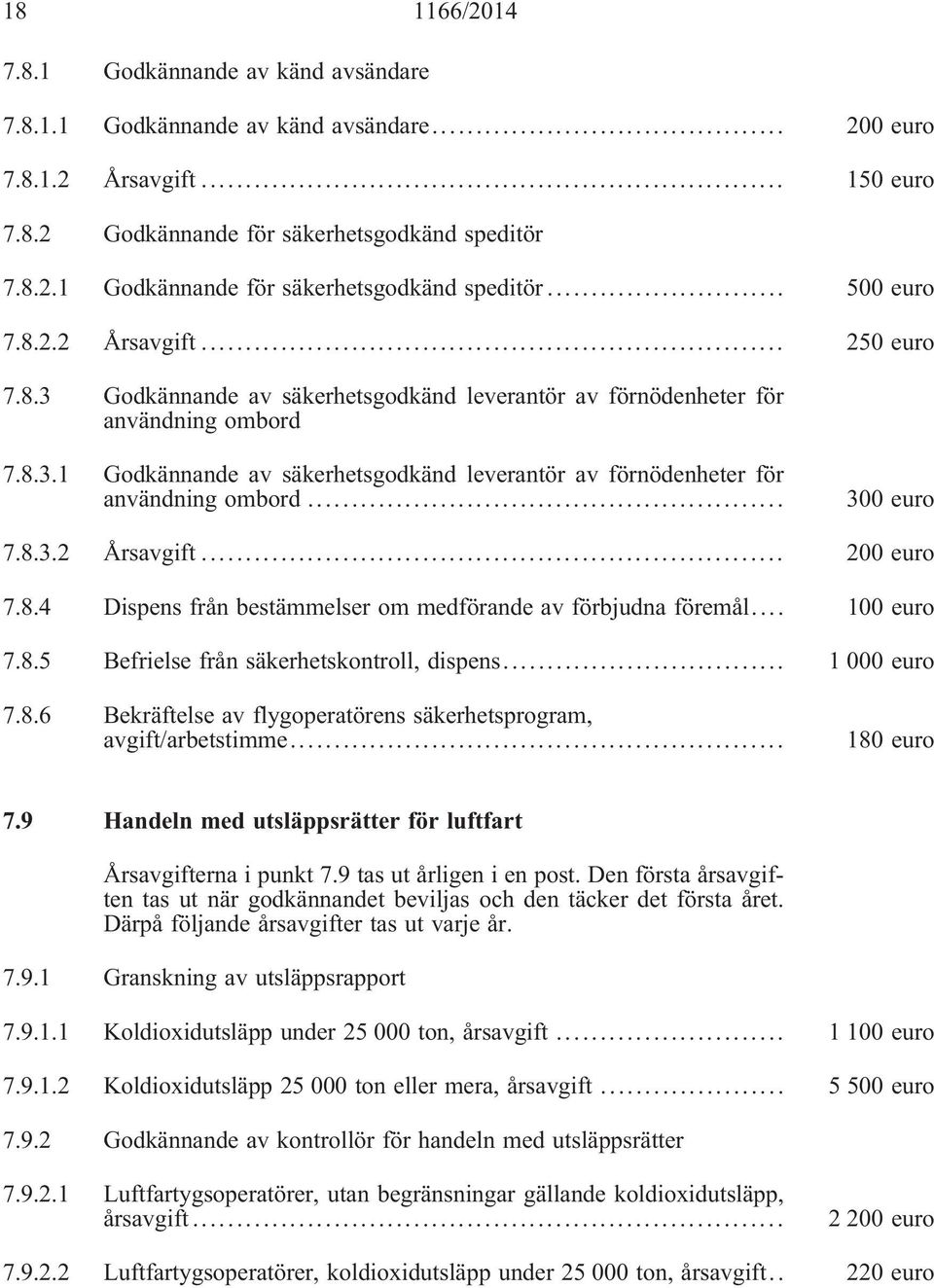 .. 300 euro 7.8.3.2 Årsavgift... 200 euro 7.8.4 Dispens från bestämmelser om medförande av förbjudna föremål... 100 euro 7.8.5 Befrielse från säkerhetskontroll, dispens... 1 000 euro 7.8.6 Bekräftelse av flygoperatörens säkerhetsprogram, avgift/arbetstimme.