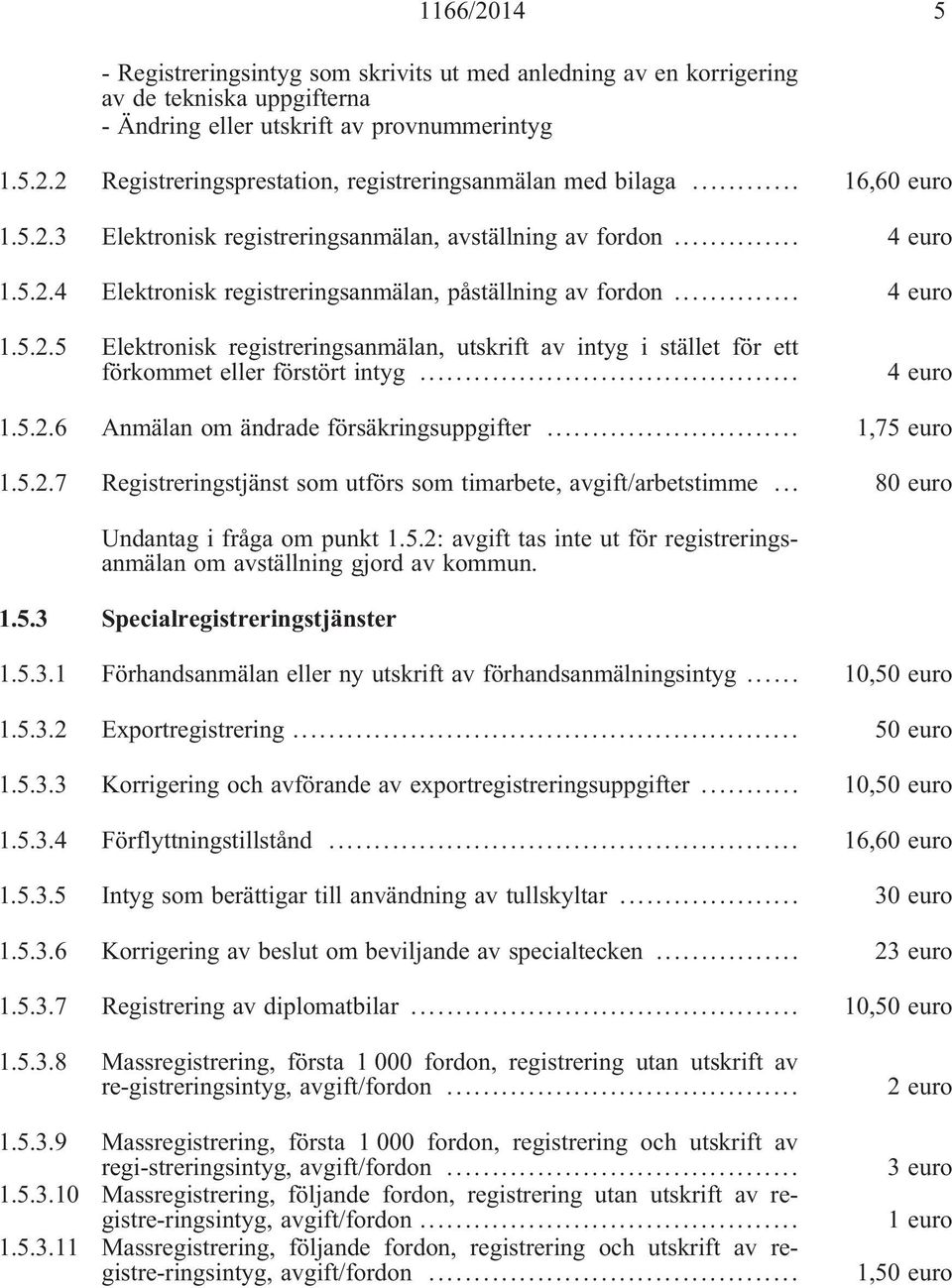 .. 4 euro 1.5.2.6 Anmälan om ändrade försäkringsuppgifter... 1,75 euro 1.5.2.7 Registreringstjänst som utförs som timarbete, avgift/arbetstimme... 80 euro Undantag i fråga om punkt 1.5.2: avgift tas inte ut för registreringsanmälan om avställning gjord av kommun.