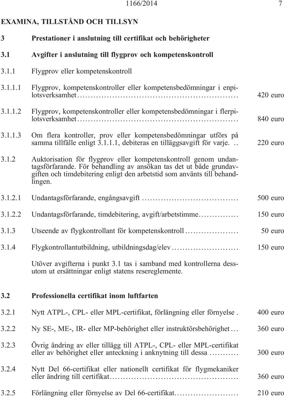 1.1.1, debiteras en tilläggsavgift för varje... 420 euro 840 euro 220 euro 3.1.2 Auktorisation för flygprov eller kompetenskontroll genom undantagsförfarande.