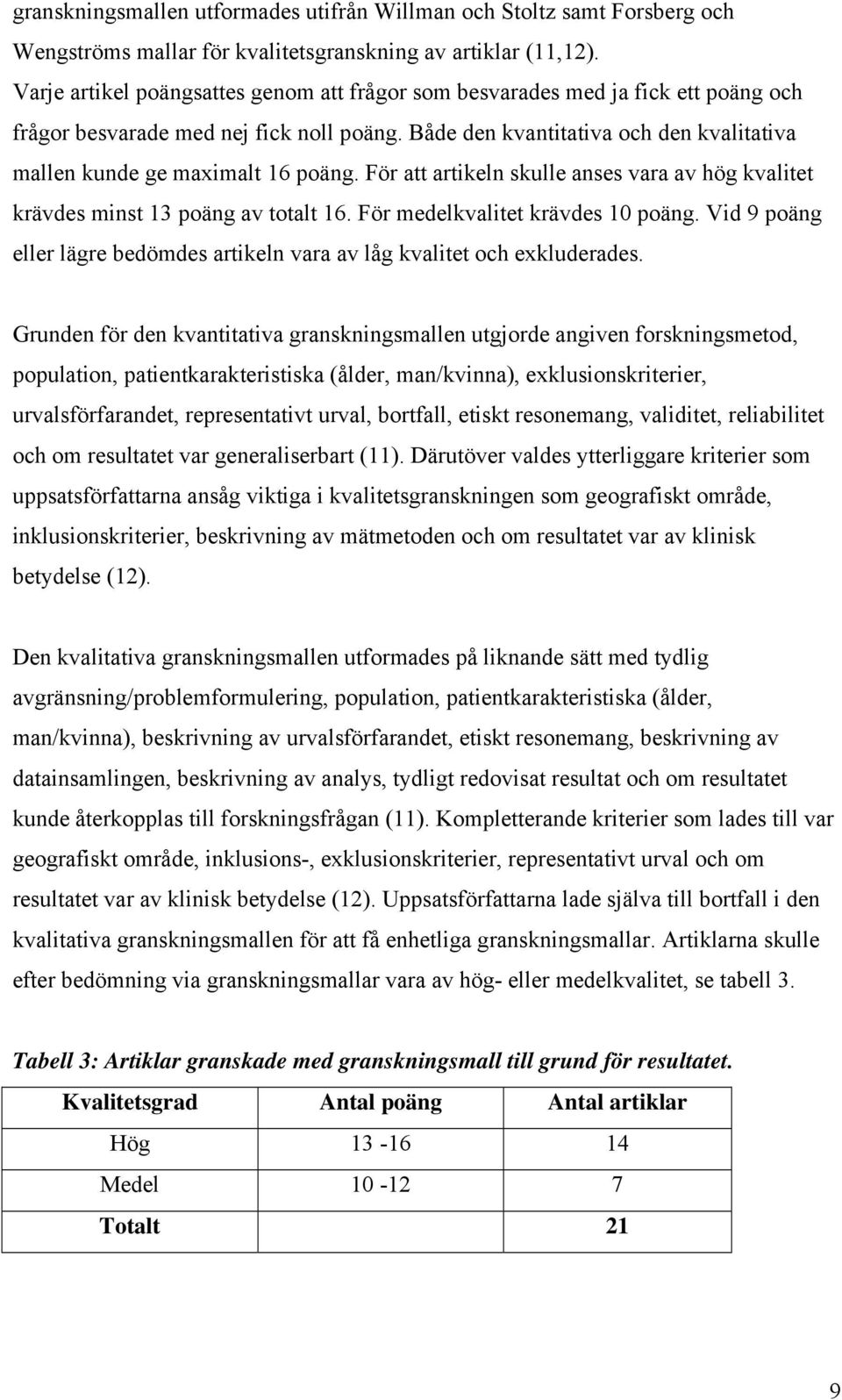 Både den kvantitativa och den kvalitativa mallen kunde ge maximalt 16 poäng. För att artikeln skulle anses vara av hög kvalitet krävdes minst 13 poäng av totalt 16. För medelkvalitet krävdes 10 poäng.