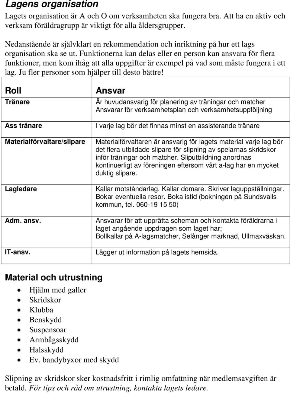 Funktionerna kan delas eller en person kan ansvara för flera funktioner, men kom ihåg att alla uppgifter är exempel på vad som måste fungera i ett lag. Ju fler personer som hjälper till desto bättre!