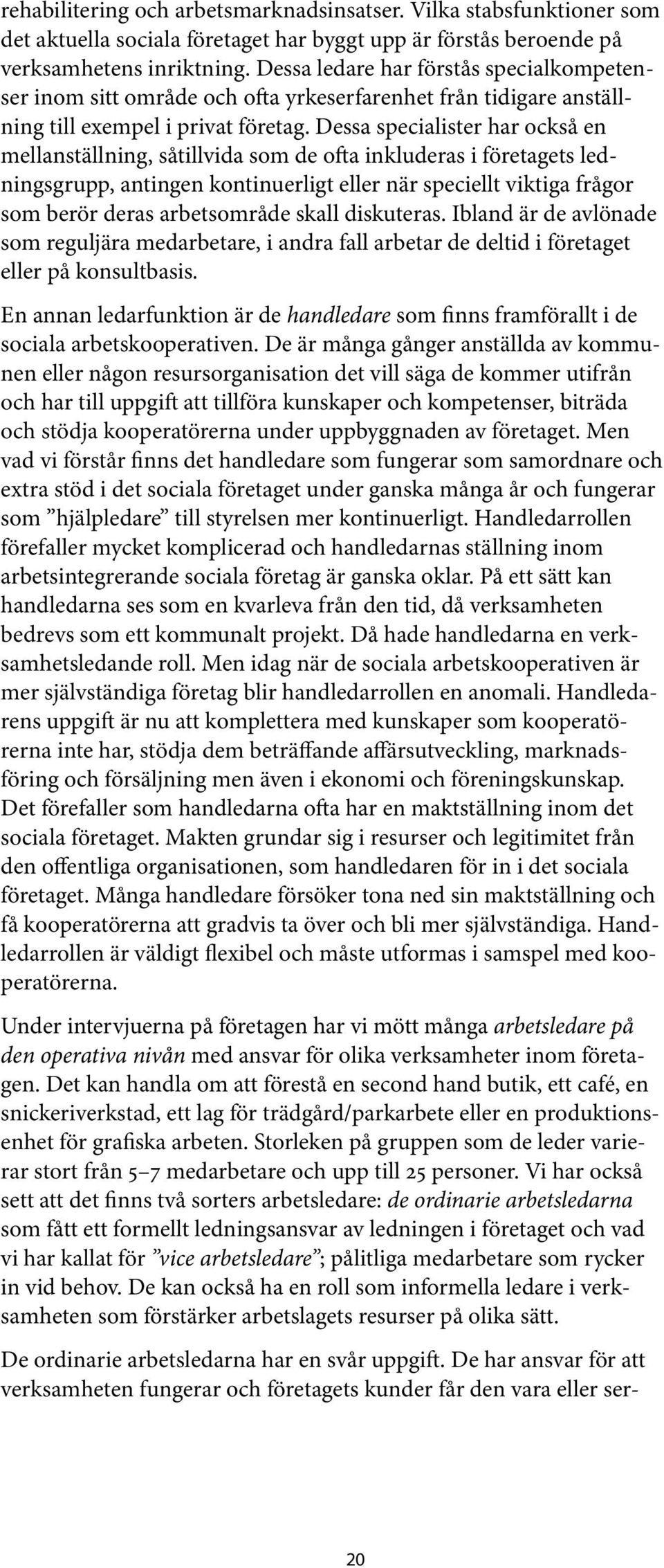 Dessa specialister har också en mellan ställning, såtillvida som de ofta inkluderas i företagets ledningsgrupp, antingen kontinuerligt eller när speciellt viktiga frågor som berör deras arbetsområde