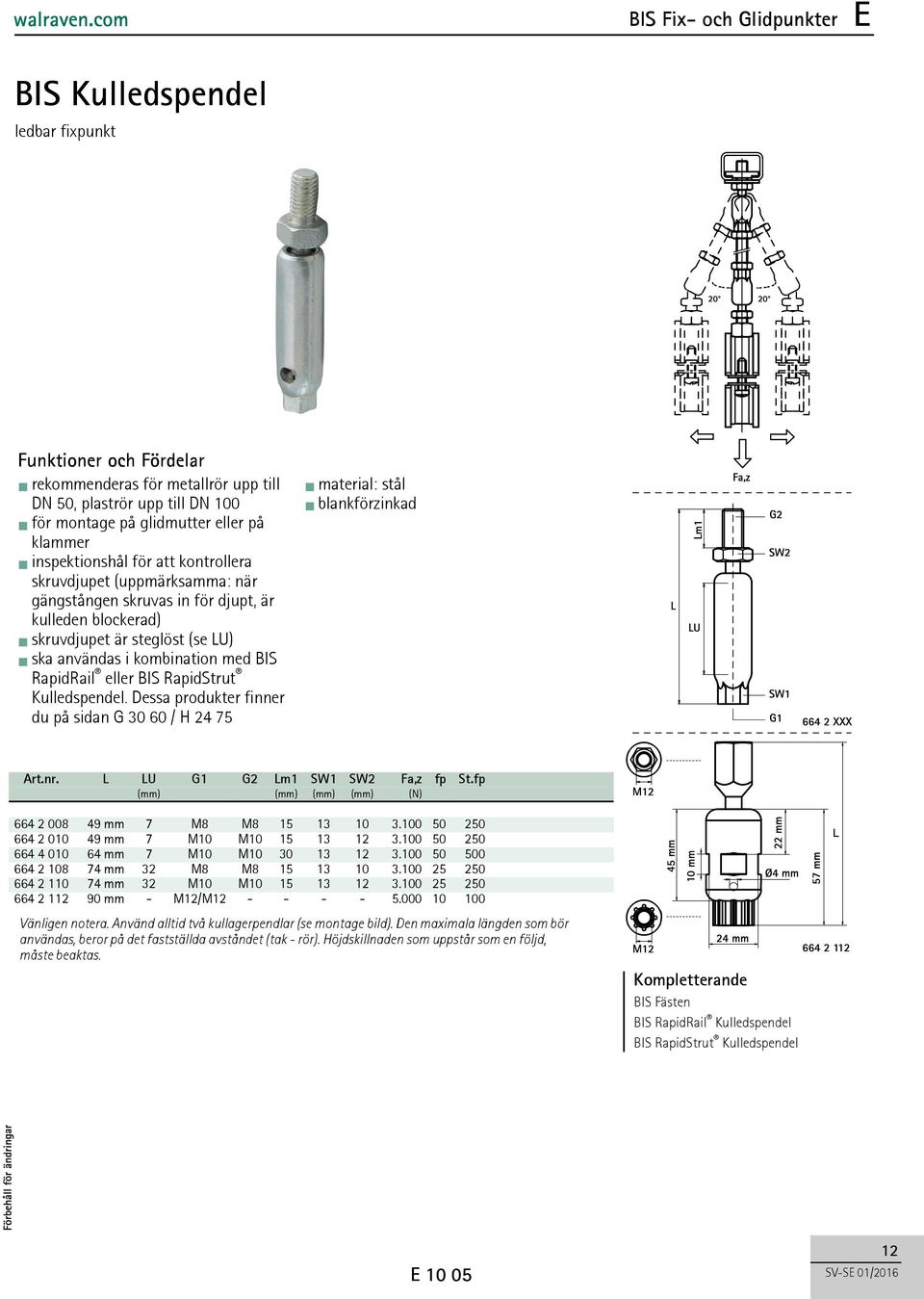 Kulledspendel. Dessa produkter finner du på sidan G 30 60 / H 24 75 Art.nr. L LU G1 G2 Lm1 SW1 SW2 Fa,z fp St.fp (mm) (mm) (mm) (mm) (N) 664 2 008 49 mm 7 M8 M8 15 13 10 3.