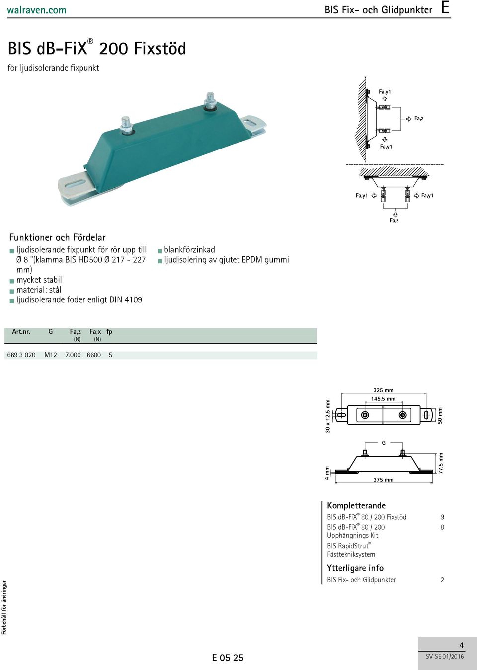 EPDM gummi Art.nr. G Fa,z Fa,x fp (N) (N) 669 3 020 M12 7.