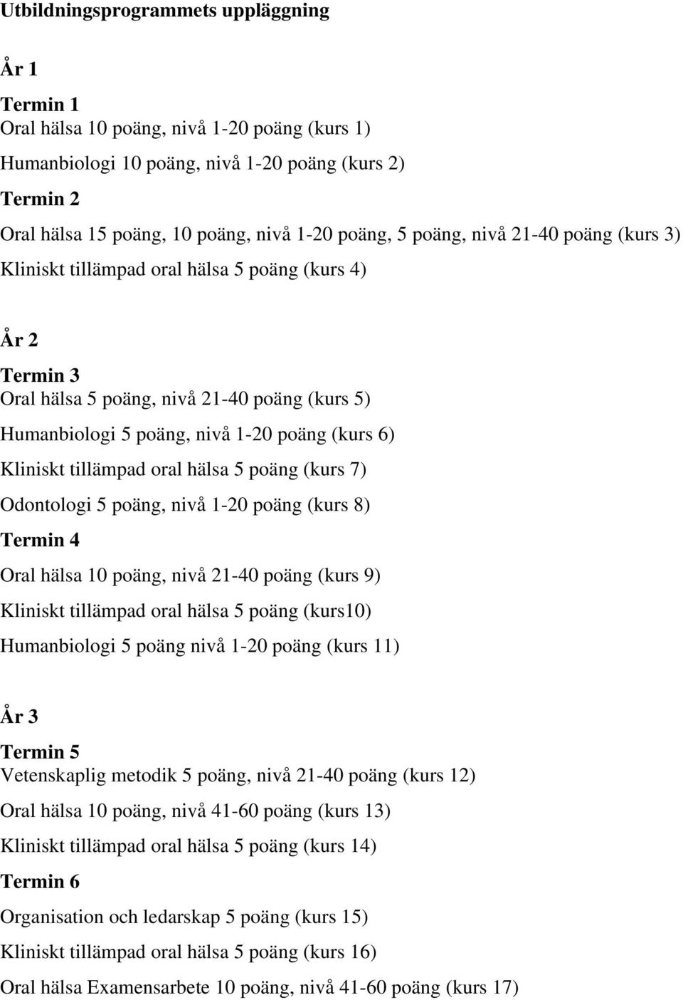 tillämpad oral hälsa 5 poäng (kurs 7) Odontologi 5 poäng, nivå 1-20 poäng (kurs 8) Termin 4 Oral hälsa 10 poäng, nivå 21-40 poäng (kurs 9) Kliniskt tillämpad oral hälsa 5 poäng (kurs10) Humanbiologi