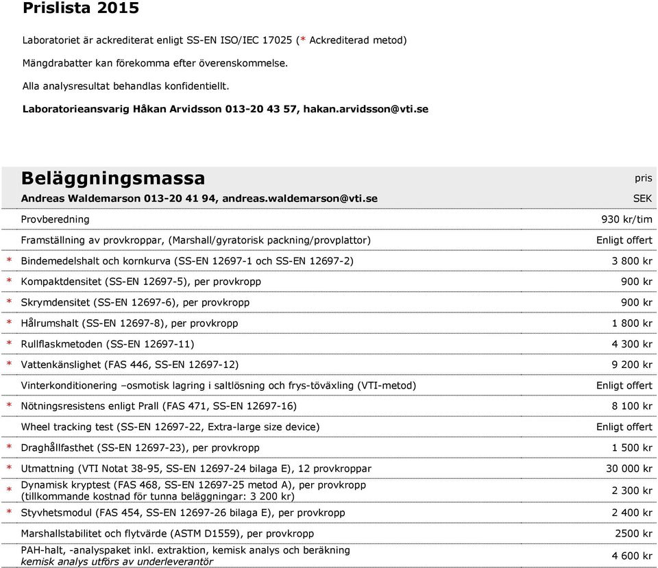 Kompaktdensitet (SS-EN 12697-5), per provkropp 900 kr * Skrymdensitet (SS-EN 12697-6), per provkropp 900 kr * Hålrumshalt (SS-EN 12697-8), per provkropp 1 800 kr * Rullflaskmetoden (SS-EN 12697-11) 4