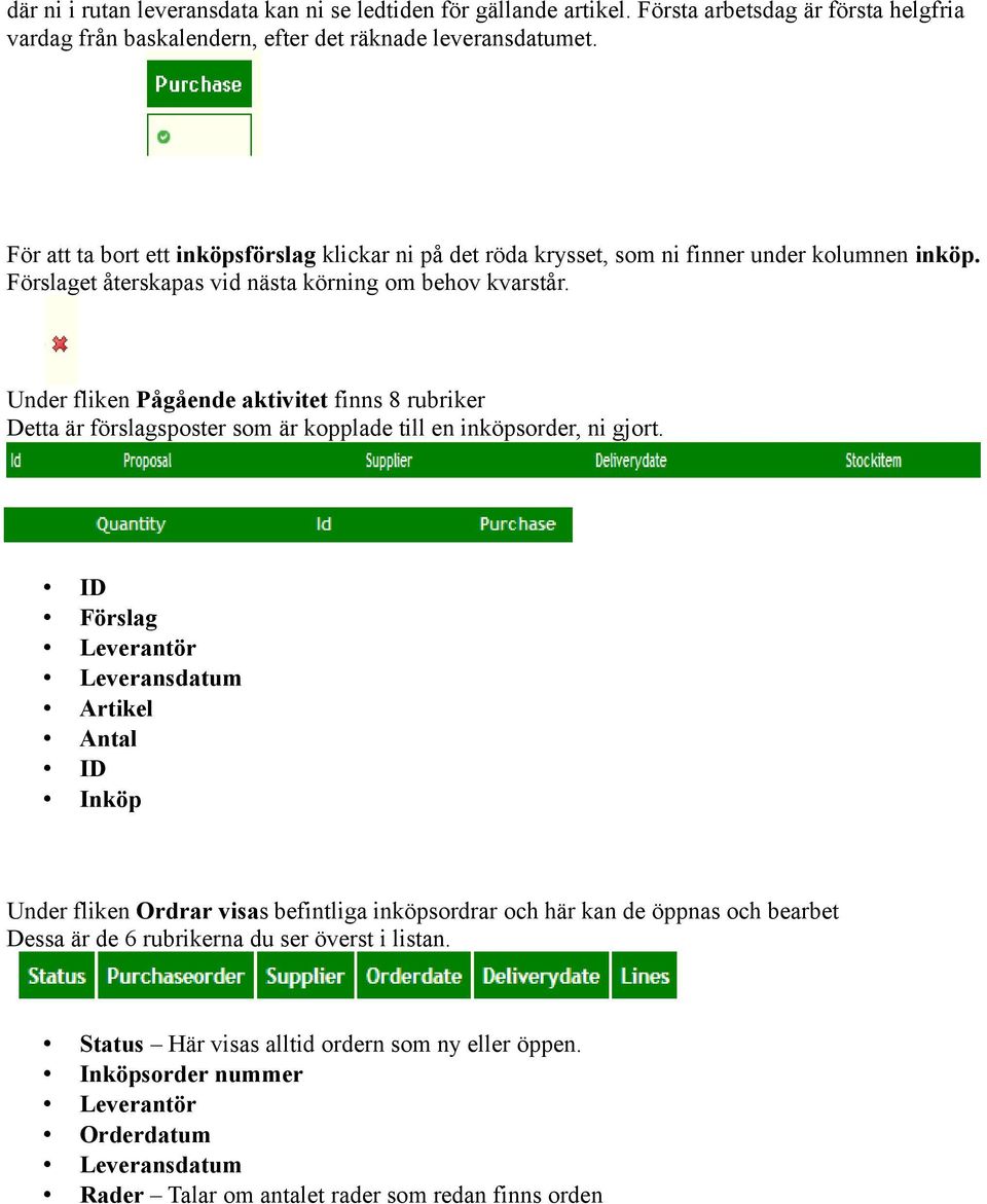 Under fliken Pågående aktivitet finns 8 rubriker Detta är förslagsposter som är kopplade till en inköpsorder, ni gjort.