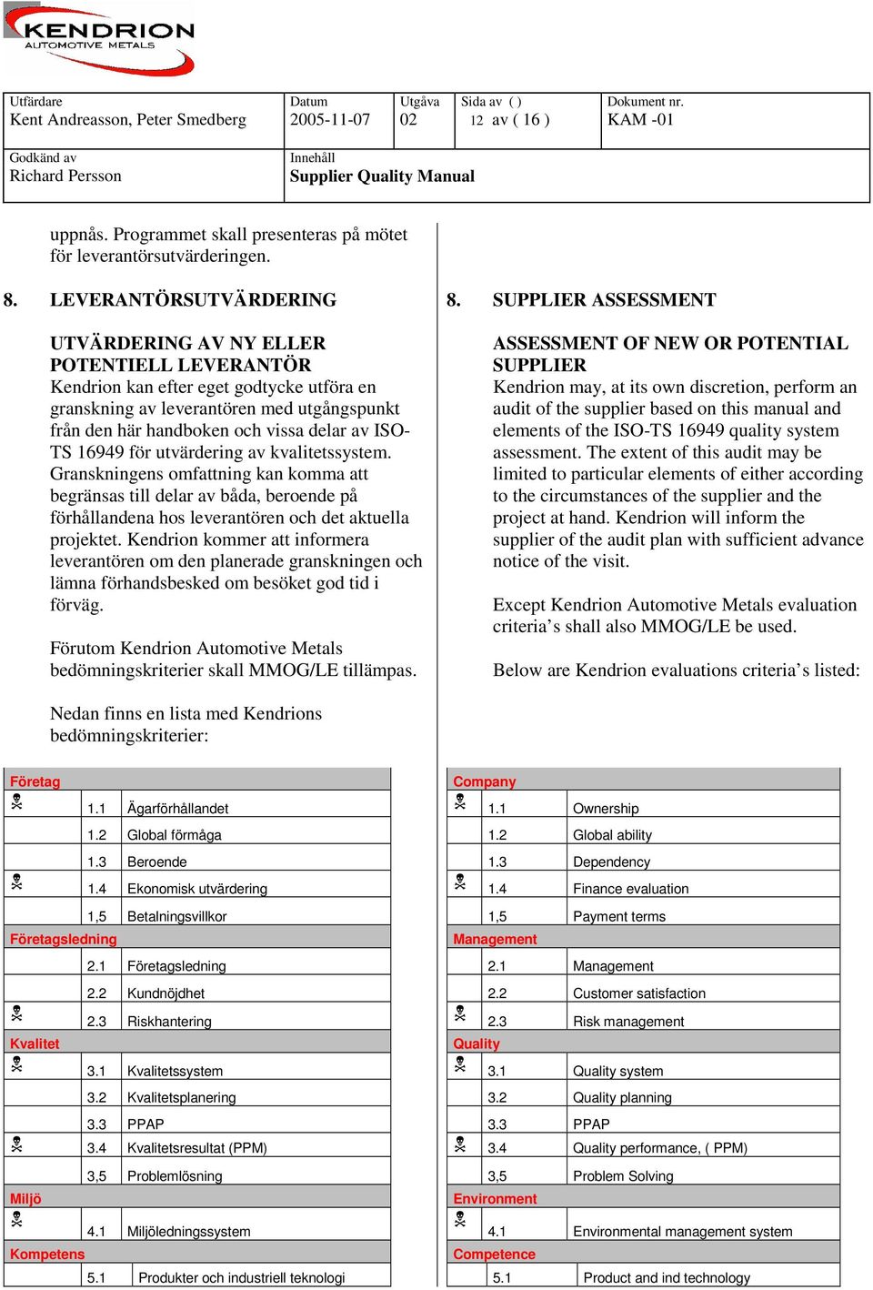 ISO- TS 16949 för utvärdering av kvalitetssystem. Granskningens omfattning kan komma att begränsas till delar av båda, beroende på förhållandena hos leverantören och det aktuella projektet.