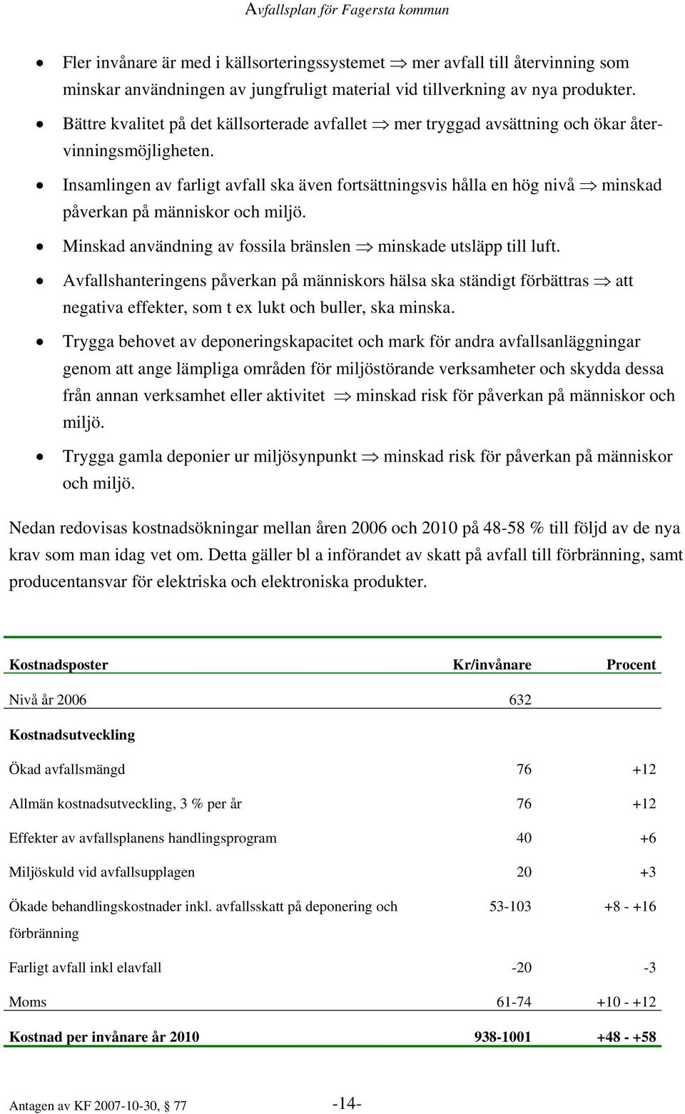 Insamlingen av farligt avfall ska även fortsättningsvis hålla en hög nivå minskad påverkan på människor och miljö. Minskad användning av fossila bränslen minskade utsläpp till luft.