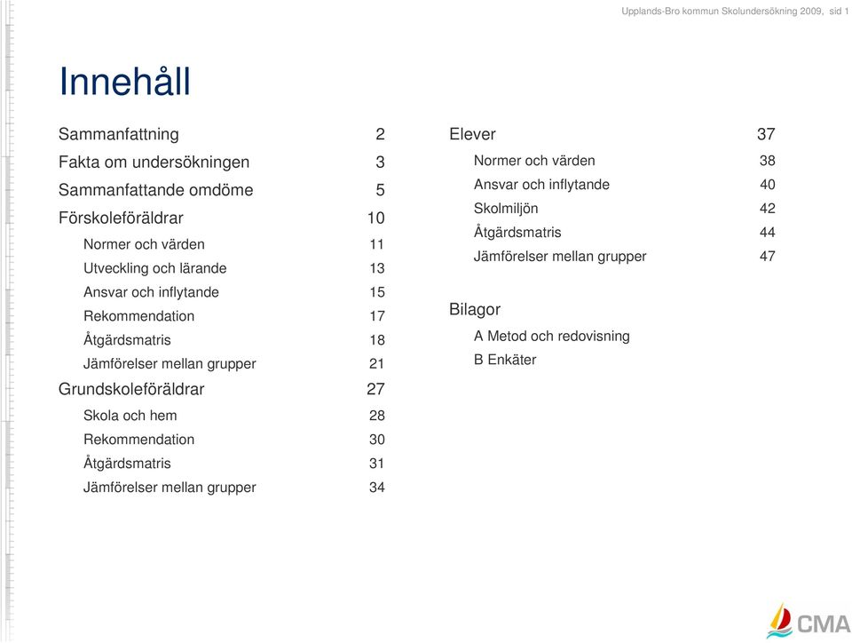 Jämförelser mellan grupper 21 Grundskoleföräldrar 27 Skola och hem 28 Rekommendation 30 Åtgärdsmatris 31 Jämförelser mellan grupper 34