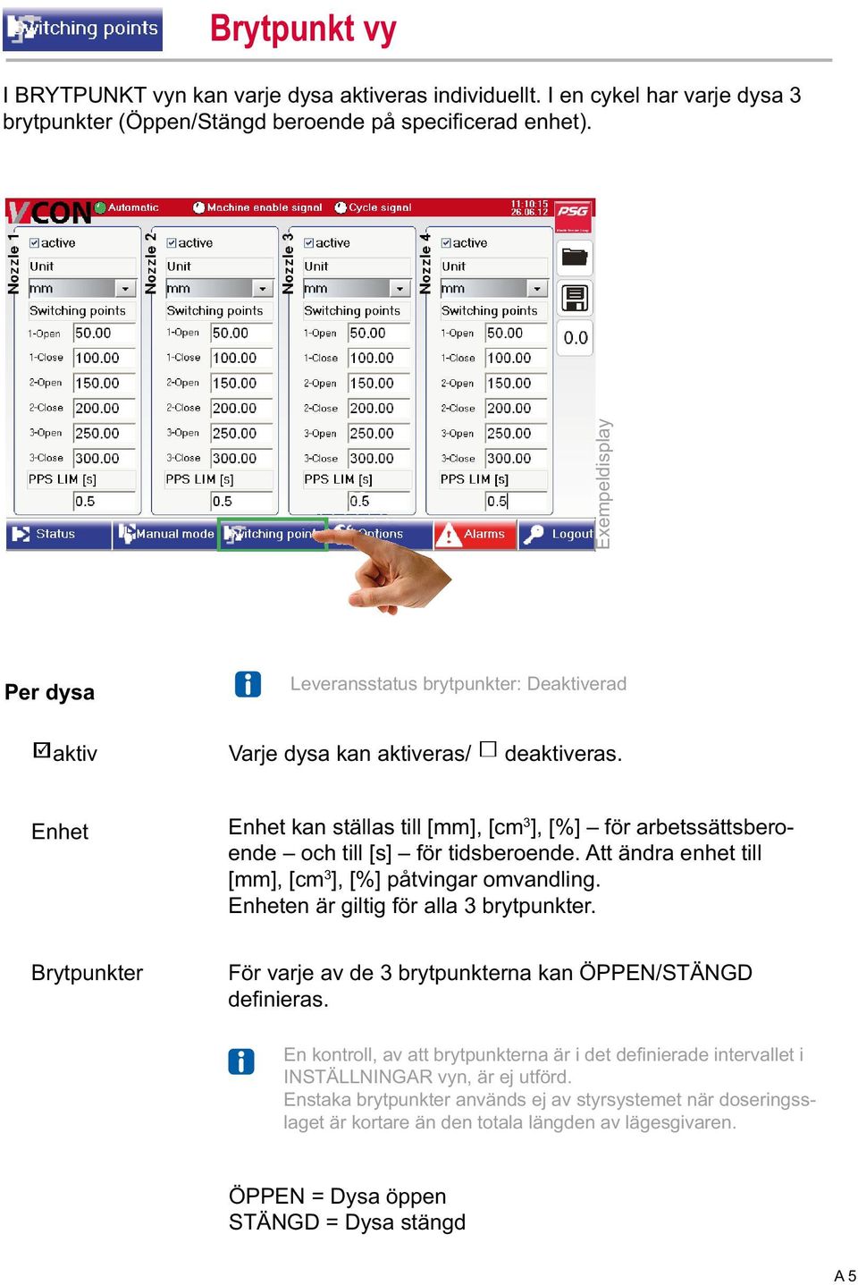 Att ändra enhet till [mm], [cm 3 ], [%] påtvingar omvandling. Enheten är giltig för alla 3 brytpunkter. Brytpunkter För varje av de 3 brytpunkterna kan ÖPPEN/STÄNGD defi nieras.